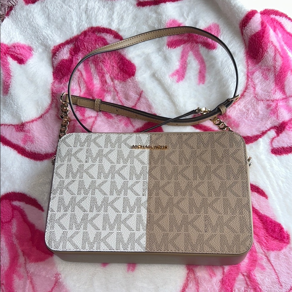 Michael Kors Tan and White Crossbody Bag